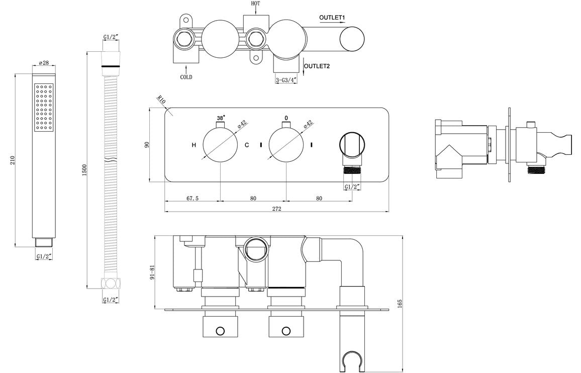 Shower valve and handset technical line diagram showing outlets and dimensions