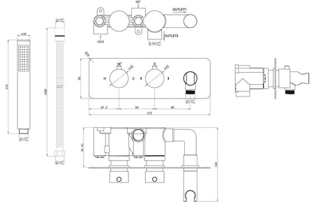 Shower valve and handset technical line diagram showing outlets and dimensions