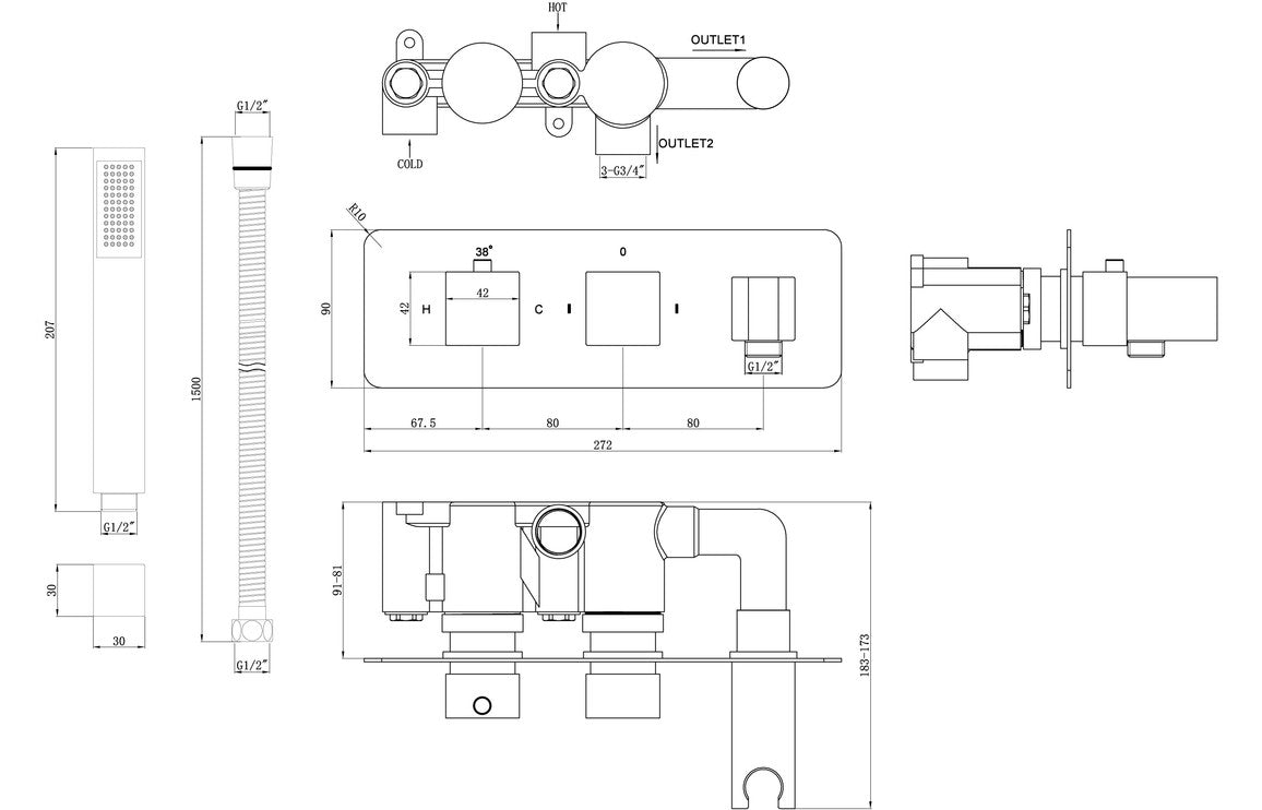 Shower valve technical diagram with outlets, hose, and handset layout