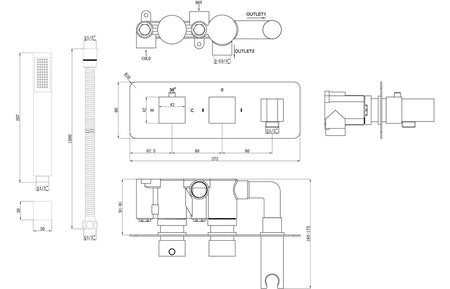 Shower valve technical diagram with outlets, hose, and handset layout
