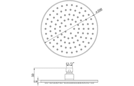 Round overhead shower head with 200 mm diameter and G1/2 connection