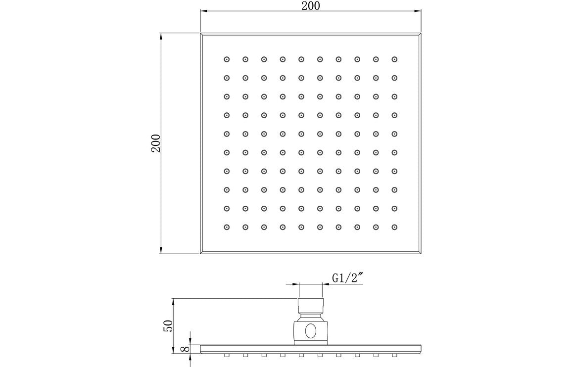 Square overhead showerhead dimensioned drawing with G1/2 connection