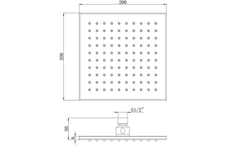 Square overhead showerhead dimensioned drawing with G1/2 connection