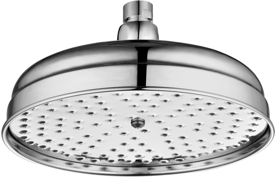 Chrome round traditional showerhead with many small spray nozzles on a flat face
