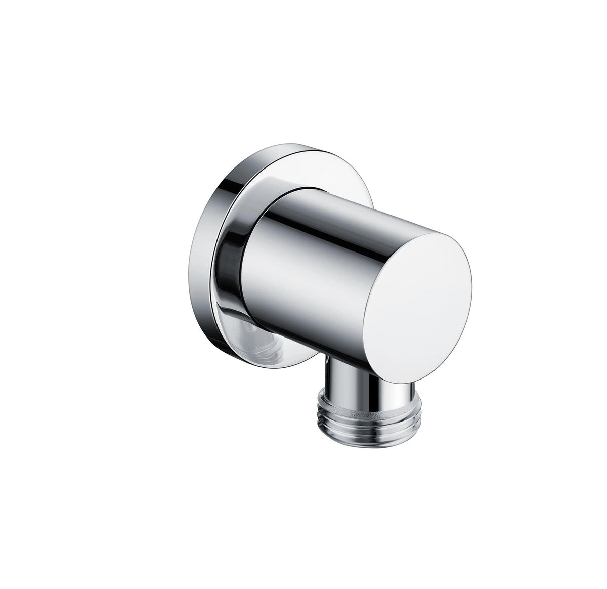 Round wall outlet elbow fitting with chrome finish, round flange, and threaded inlet