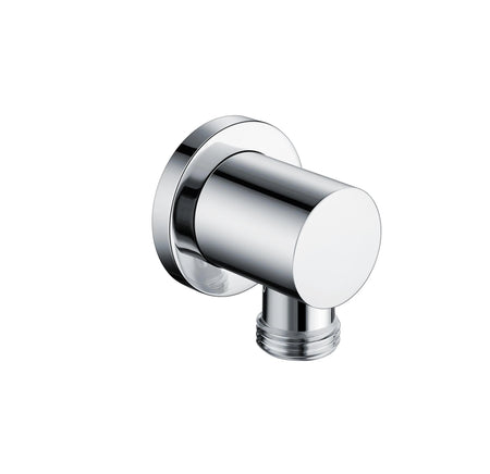 Round wall outlet elbow fitting with chrome finish, round flange, and threaded inlet