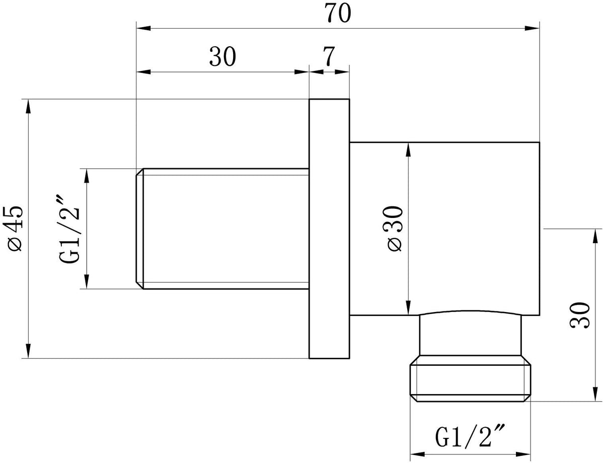 Round wall outlet elbow in matt black, technical dimension drawing with measurements