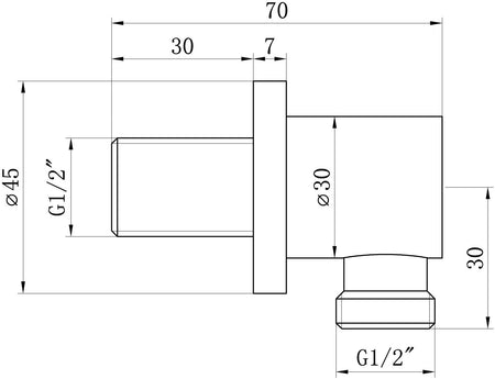 Round wall outlet elbow in matt black, technical dimension drawing with measurements