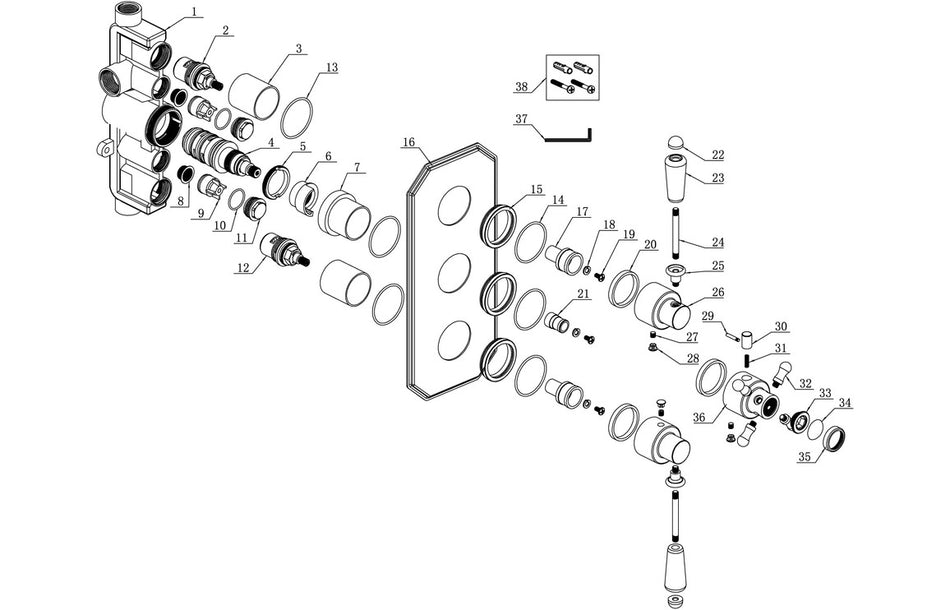 Exploded view of chrome thermostatic two-outlet shower valve components