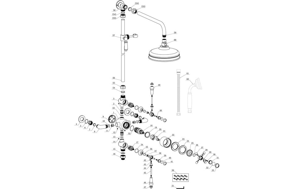 Exploded view of chrome shower valve with riser kit and overhead components