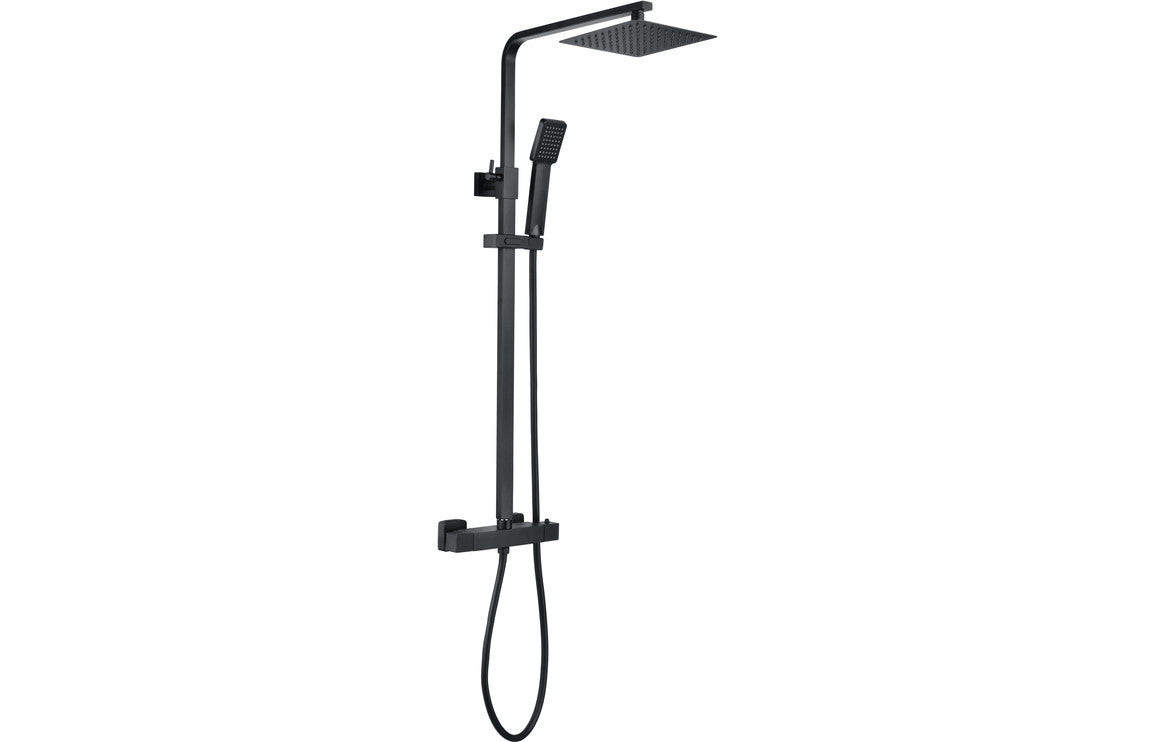 Matt black thermostatic shower mixer with square handset, riser rail and hose
