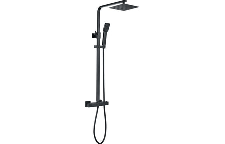 Matt black thermostatic shower mixer with square handset, riser rail and hose