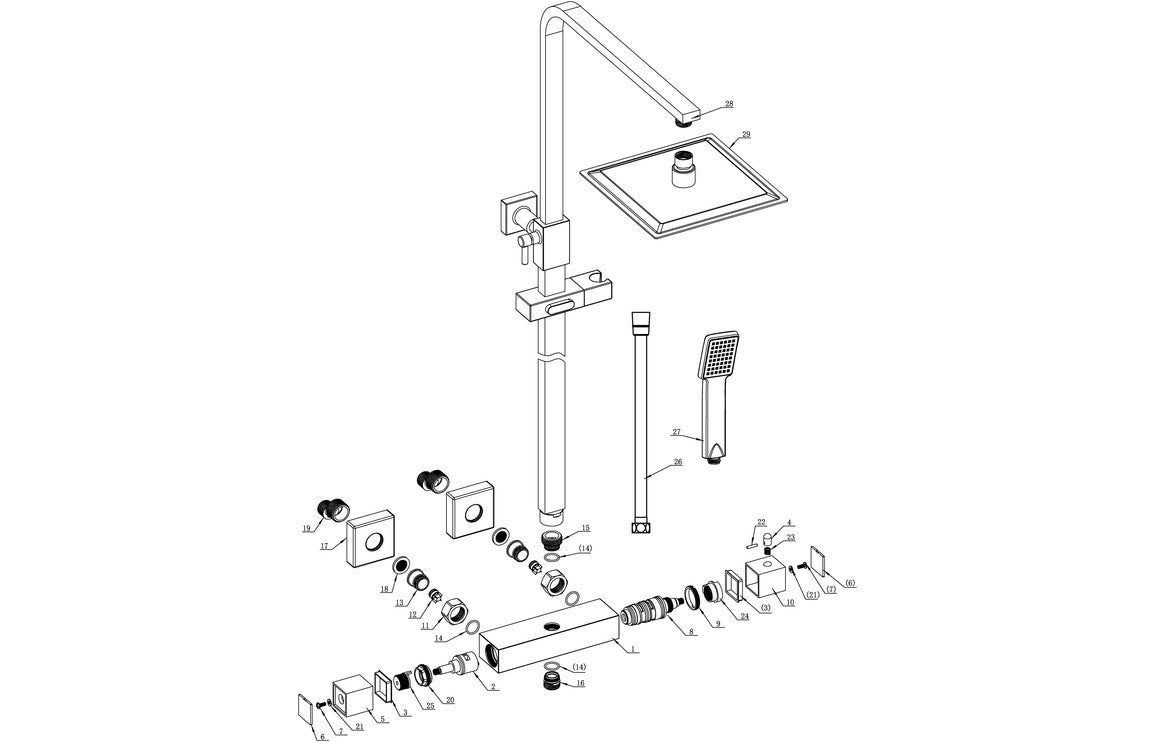 Exploded view of matt black thermostatic shower mixer riser kit parts