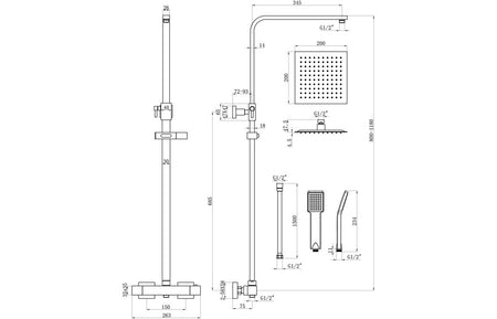 Technical diagram of matt black thermostatic shower mixer with square handset