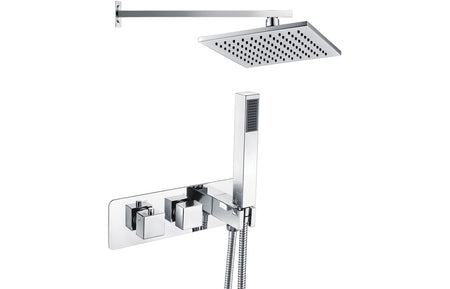 Chrome twin shower valve set with overhead rain head and handheld handset