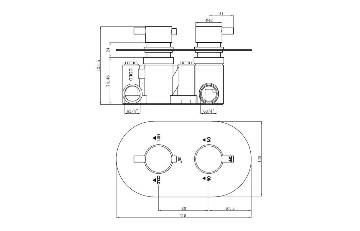 Shower valve rough-in diagram with round control positions and dimensions