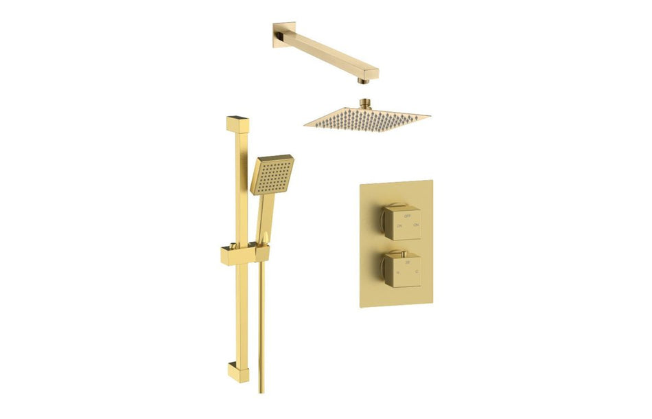 Brushed brass square shower head, concealed valve, and matching shower arm set
