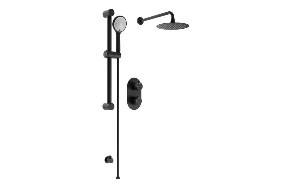 Black concealed shower valve with round showerhead and fixed arm