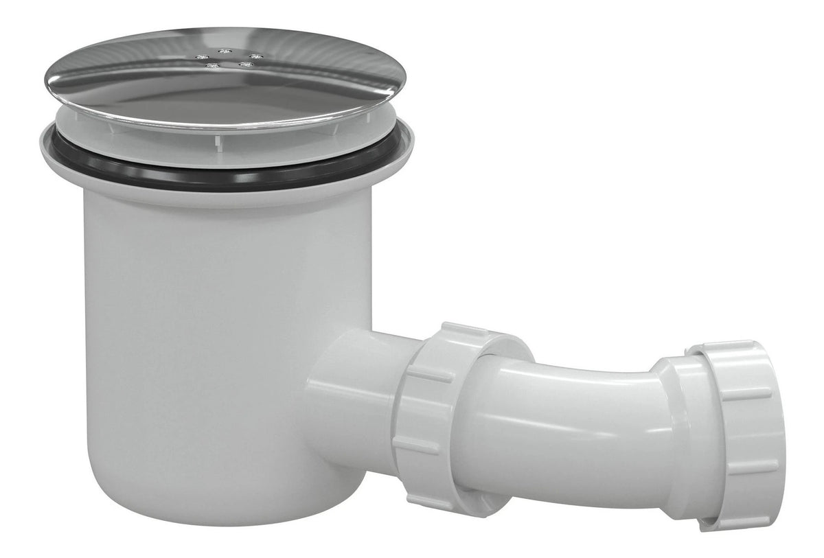 Low-profile tray waste with chrome cover and white outlet pipe