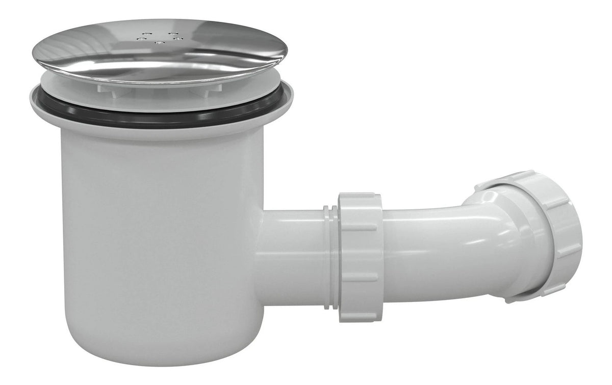 Low-profile tray waste with chrome cover, white body and elbow outlet