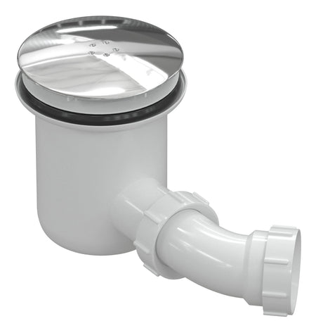 Low-profile tray waste with chrome cover, white body and outlet pipe