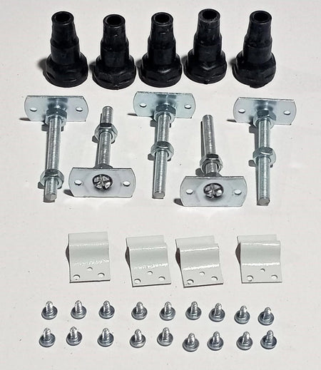 White low-profile riser set components: metal brackets, bolts, and black spacers