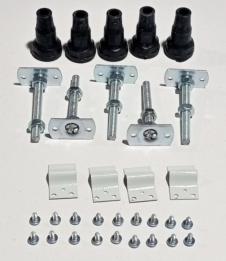 White low-profile riser set components: metal brackets, bolts, and black spacers