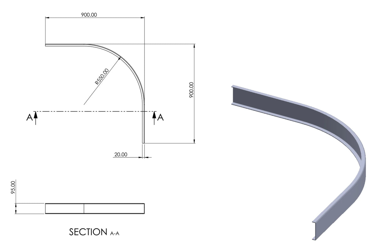 Low-profile riser set technical diagram with curved bracket dimensions
