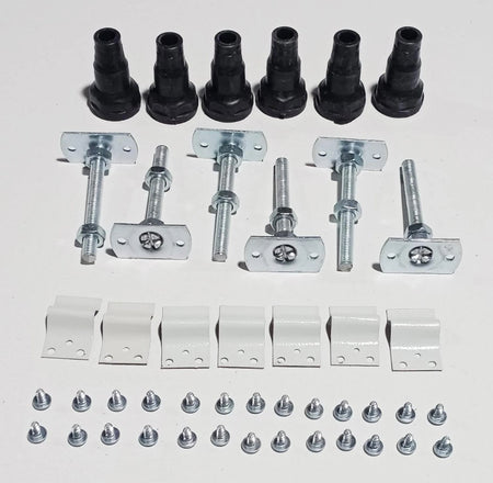 White low profile riser set components: black feet, galvanized brackets, bolts