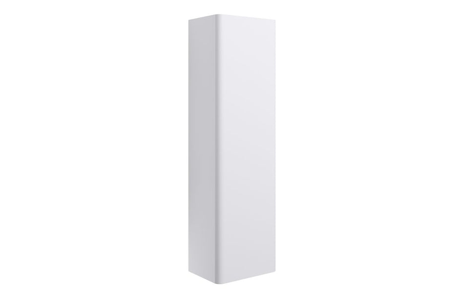 Wall-hung tall cabinet with one door, matt white finish.