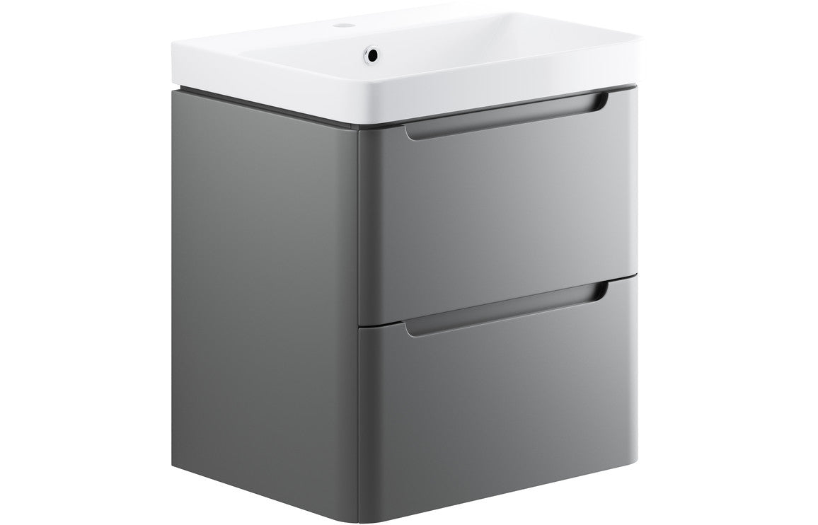 Matt gray 2-drawer basin unit with curved white ceramic basin and single tap hole