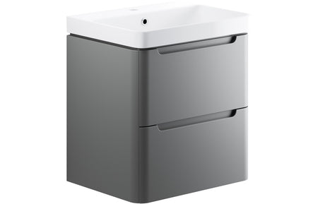 Matt gray 2-drawer basin unit with curved white ceramic basin and single tap hole