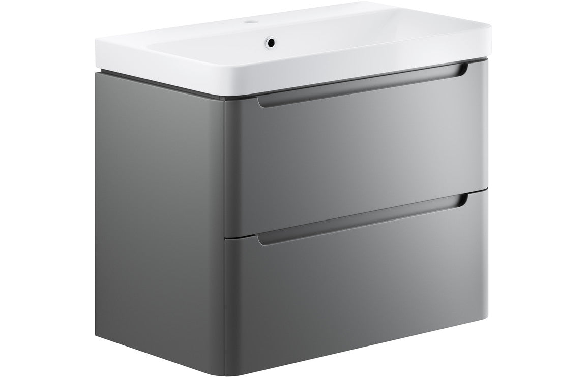 Matt gray bathroom vanity with 2 drawers and curved white ceramic basin
