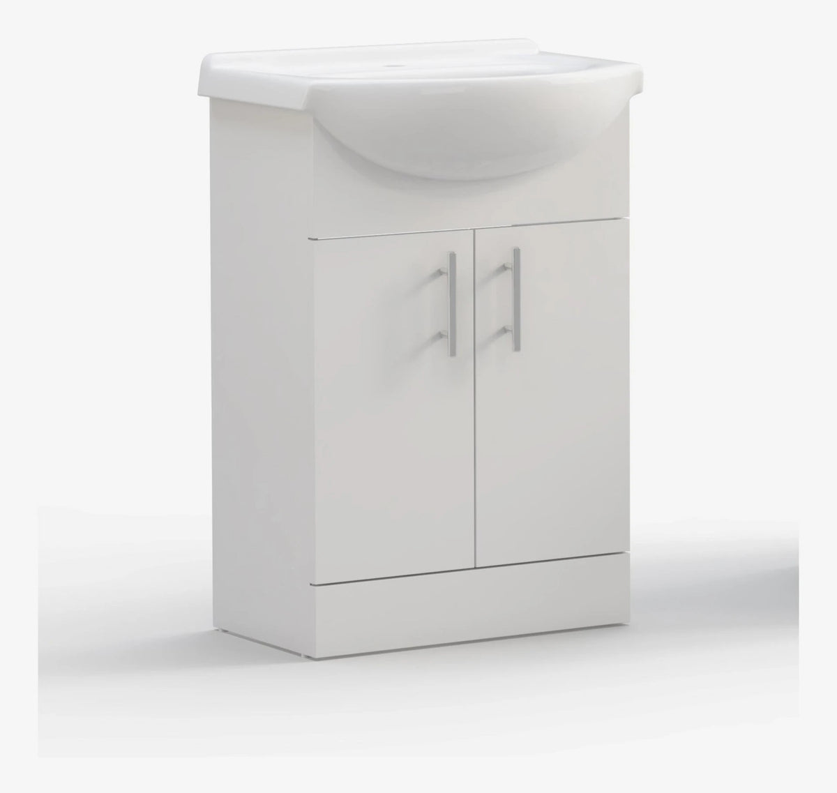 White gloss bathroom vanity with double doors and wall-mounted style basin top
