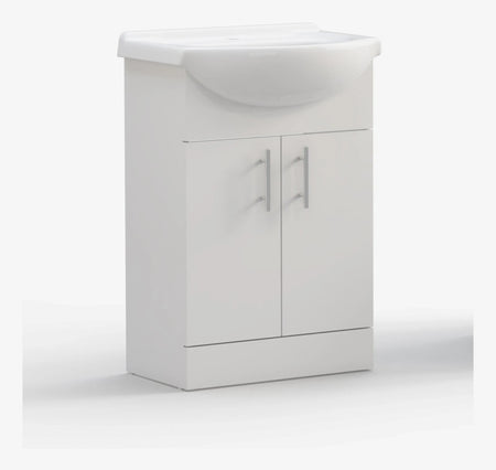 White gloss bathroom vanity with double doors and wall-mounted style basin top