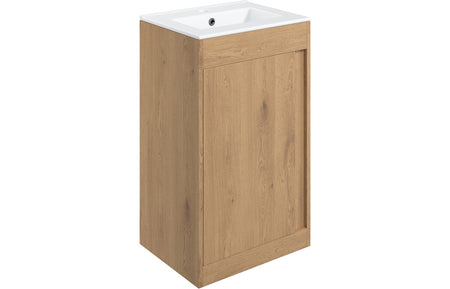 Brown floor-standing bathroom vanity unit with rectangular white sink basin