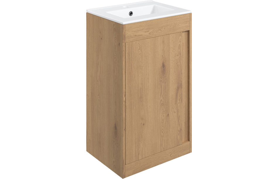 Brown floor-standing bathroom vanity unit with rectangular white sink basin