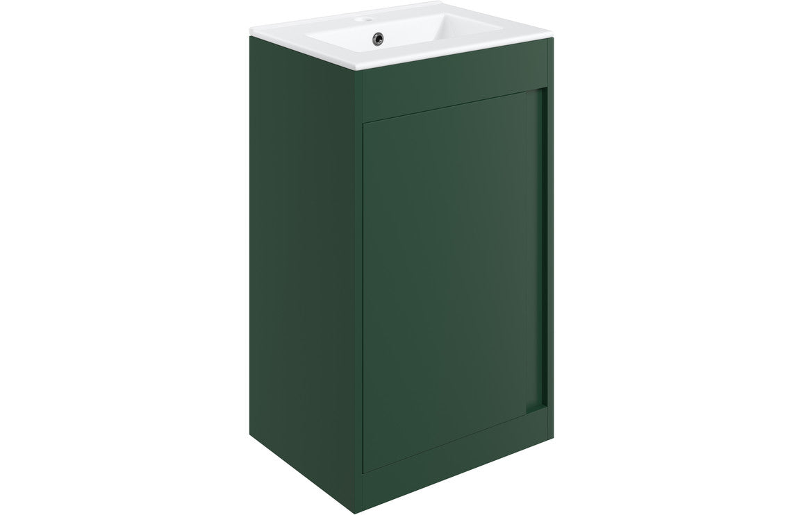Matt conifer green floor-standing vanity unit with integrated square basin