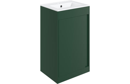 Matt conifer green floor-standing vanity unit with integrated square basin