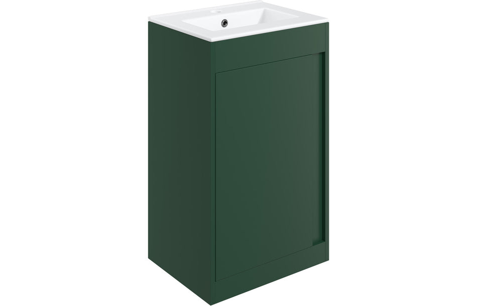 Matt conifer green floor-standing vanity unit with integrated square basin