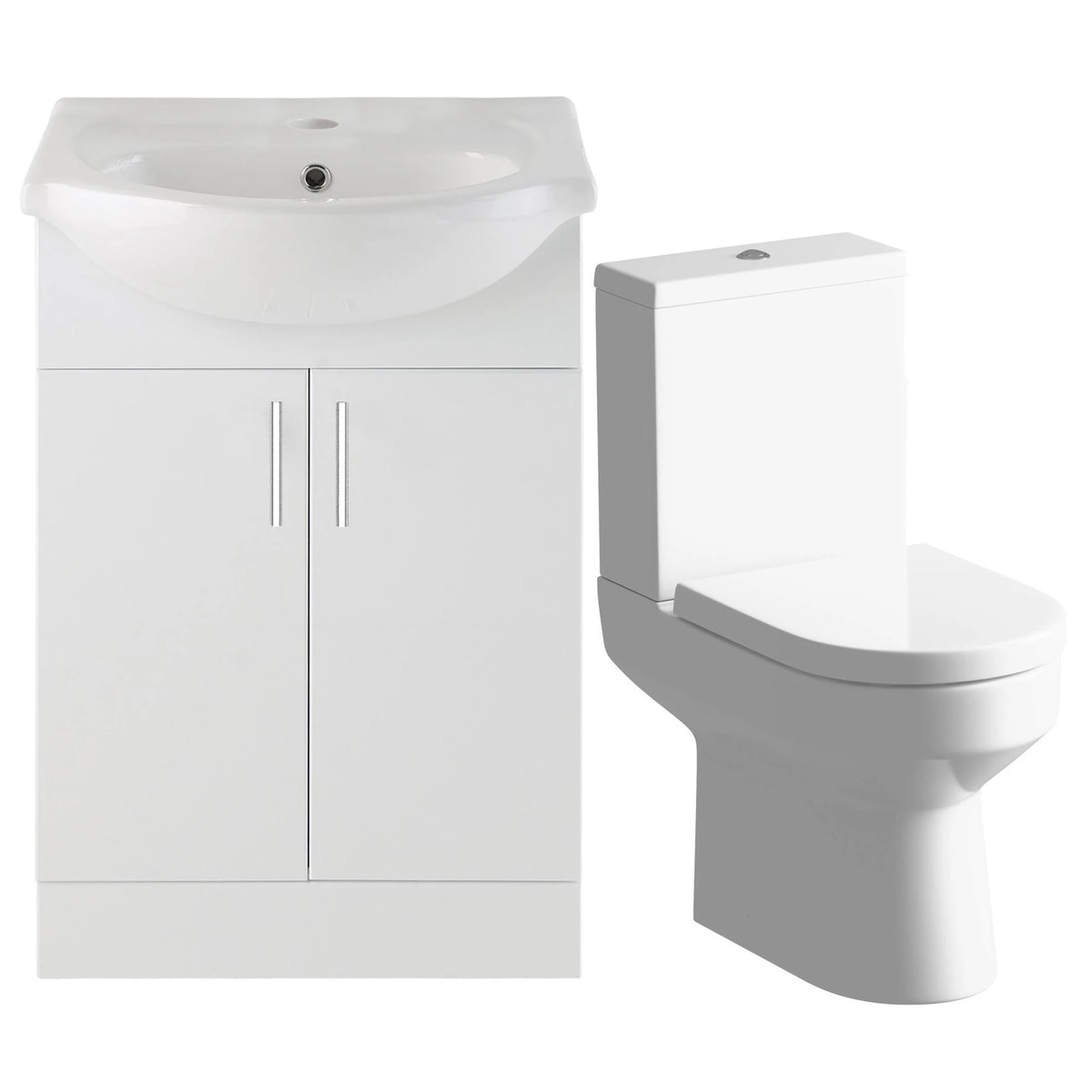 White gloss vanity unit with integrated basin and close-coupled white toilet