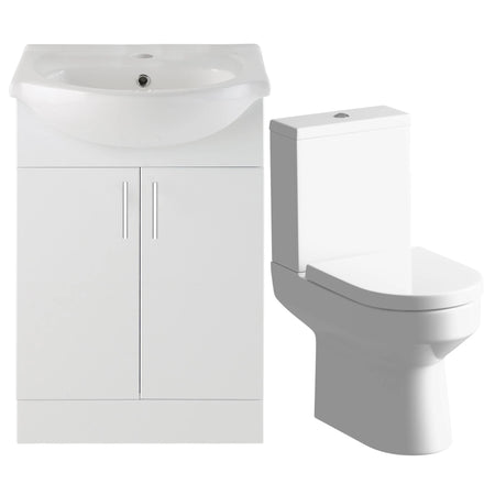 White gloss vanity unit with integrated basin and close-coupled white toilet