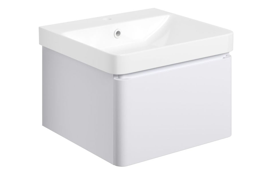 Wall-mounted white vanity unit with basin and single drawer, matt finish