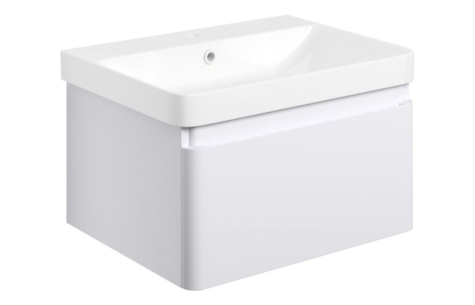 White wall-mounted basin vanity with single drawer and countertop sink, matt