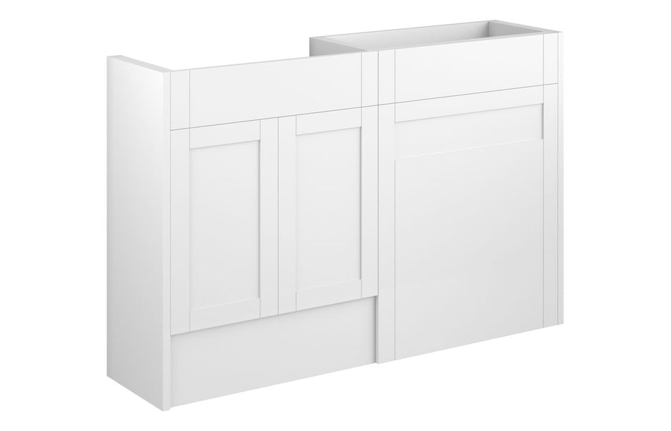 Matt white bathroom vanity and WC unit with cabinet doors and central panel
