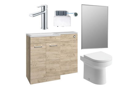 Oak bathroom vanity set with basin, toilet, cistern, tap and wall mirror
