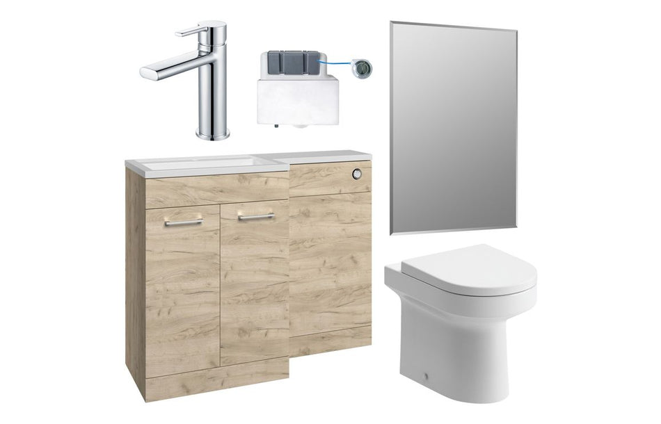 Oak bathroom vanity set with basin, toilet, cistern, tap and wall mirror