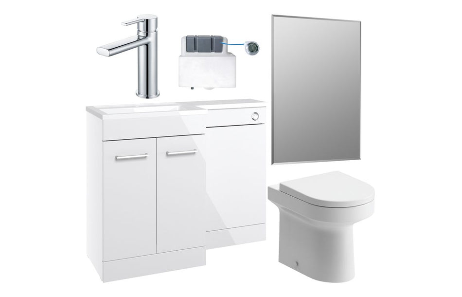 Gloss white bathroom vanity unit with chrome sink tap, WC and mirrored cabinet