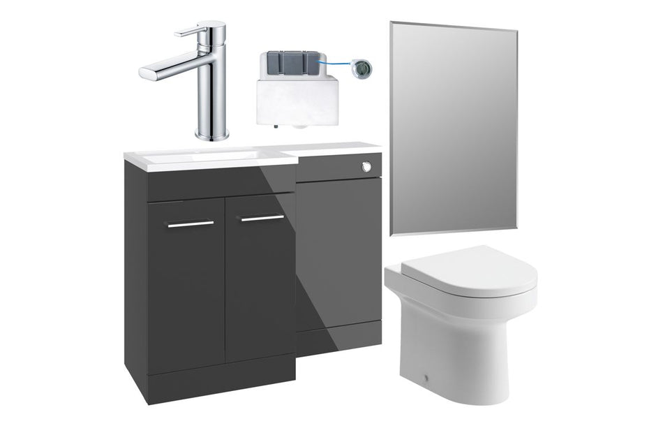 Gloss anthracite vanity unit with two doors and chrome sink mixer tap