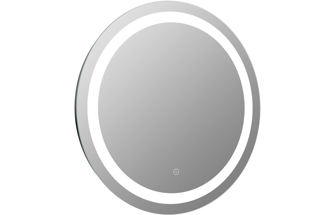 Round front-lit LED mirror with circular light ring, gray reflective glass